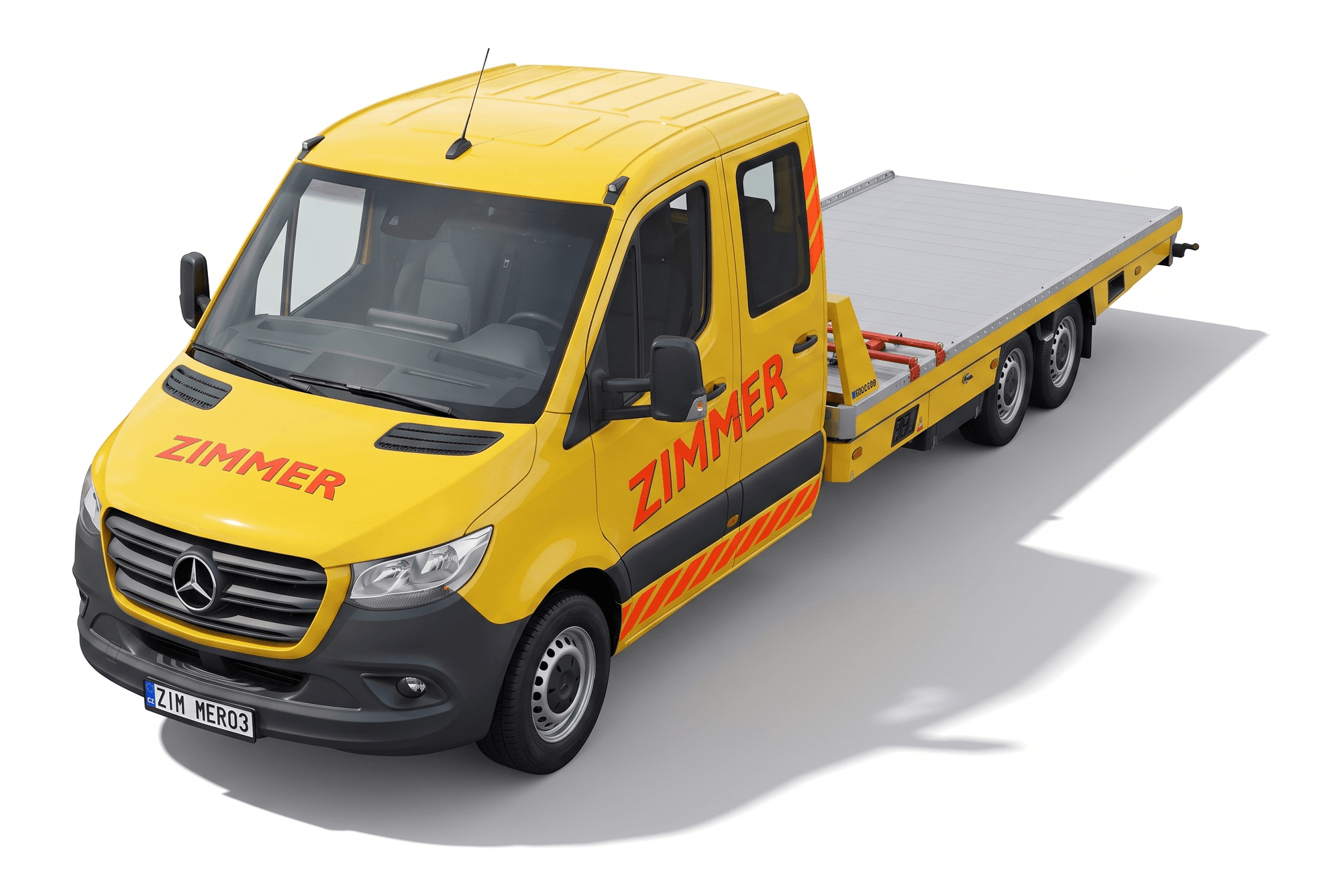 Odtahový Mercedes-Benz Sprinter s dvojkabinou a plošinou z vozového parku Zimmer