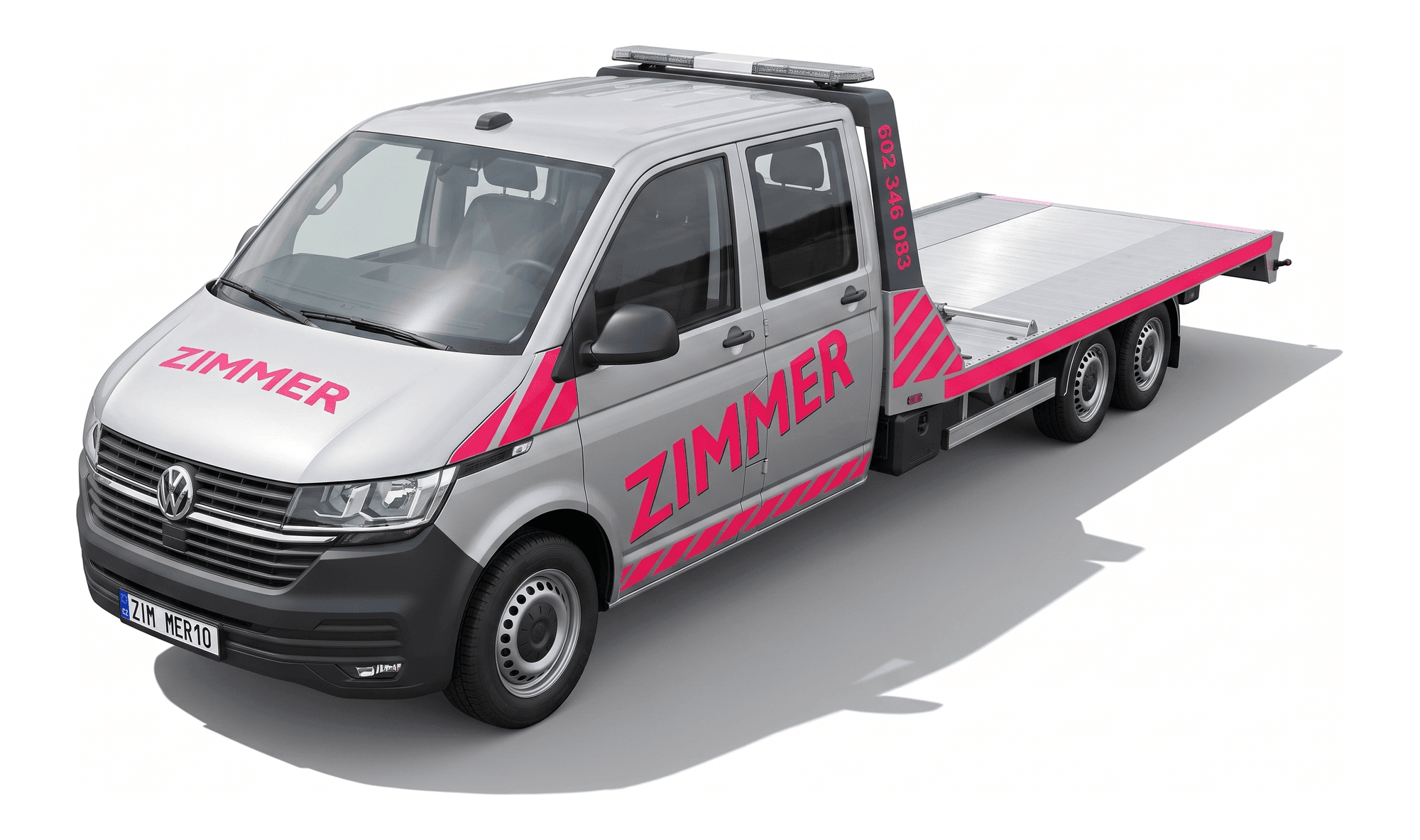 Odtahový Volkswagen Transporter T6.1 s dvojkabinou a hliníkovou plošinou z vozového parku Zimmer